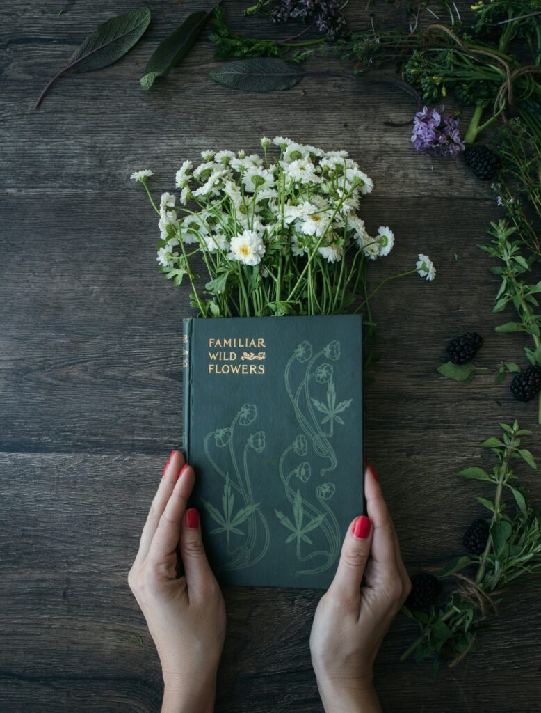 A journal with flowers sticking out of the top and a pair of hands holding the book gently. It's an overhead image on a dark wooden table